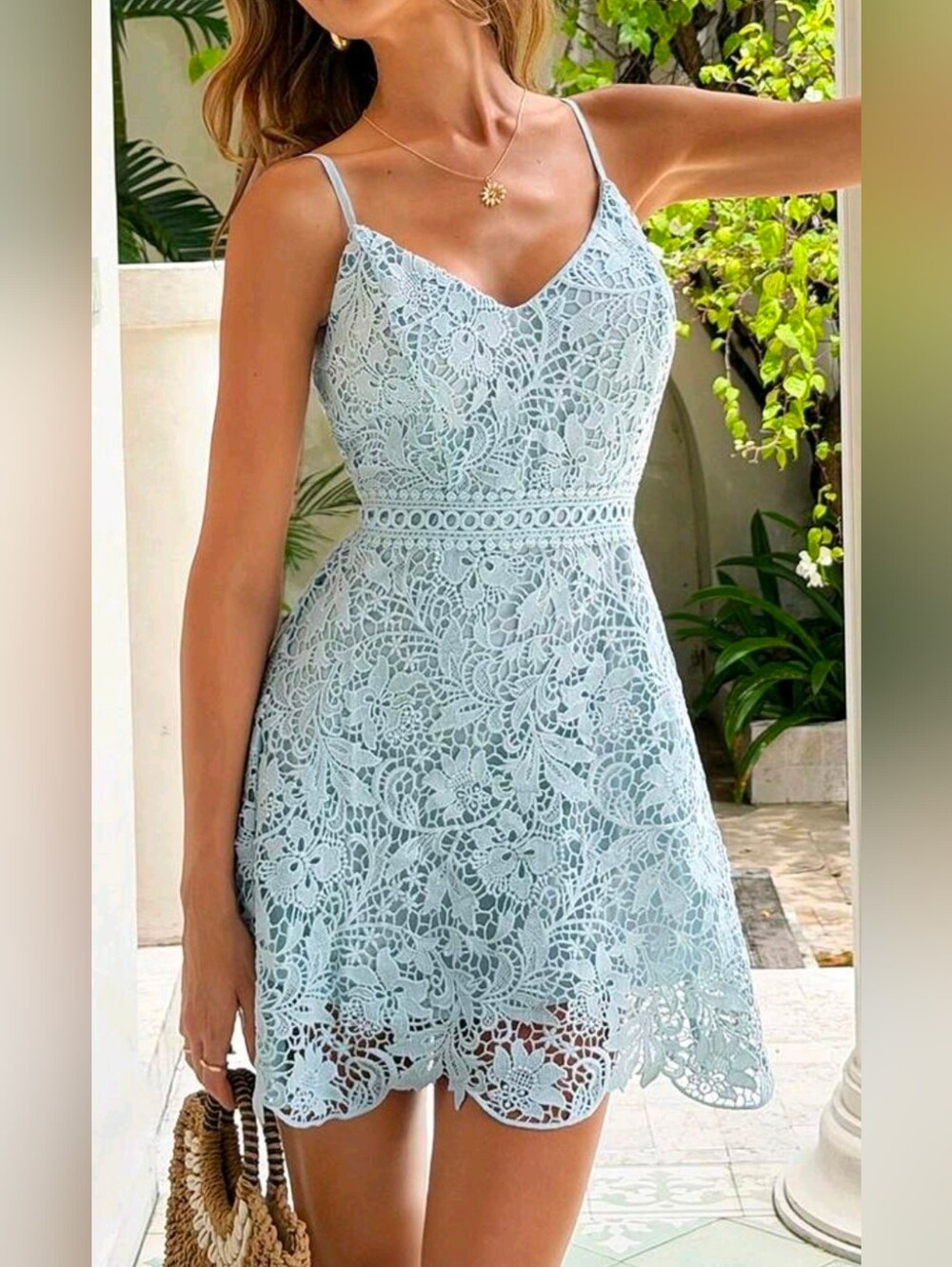 New Luxe Embroidered Lace Cami Short Dress Blue